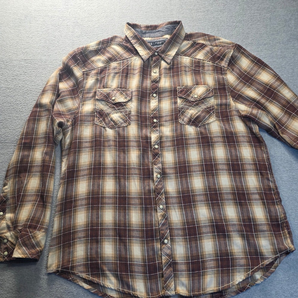 BKE Mens Athletic Fit Western Plaid Snap Button Shirt Brown Tan 2XL 11774FPW